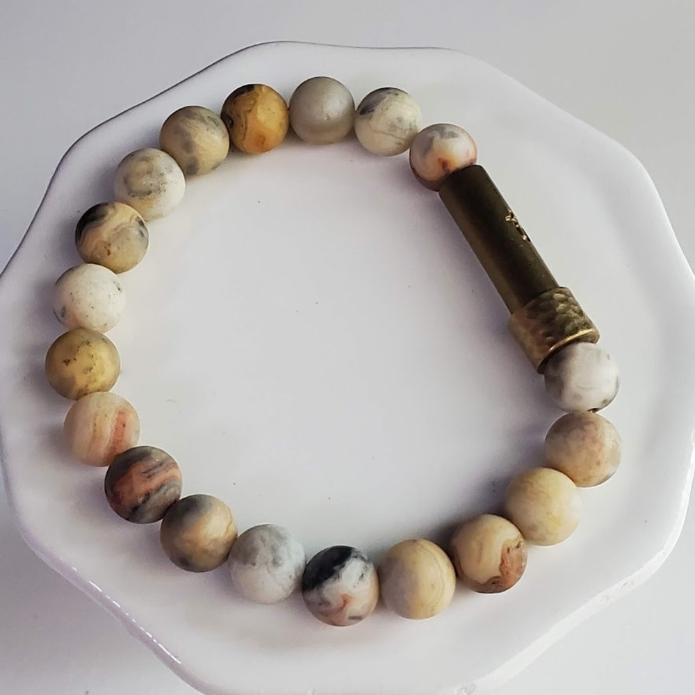 Wishbeads Intention Bracelet Natural Jasper Stone Beads Brass Cylinder Charm